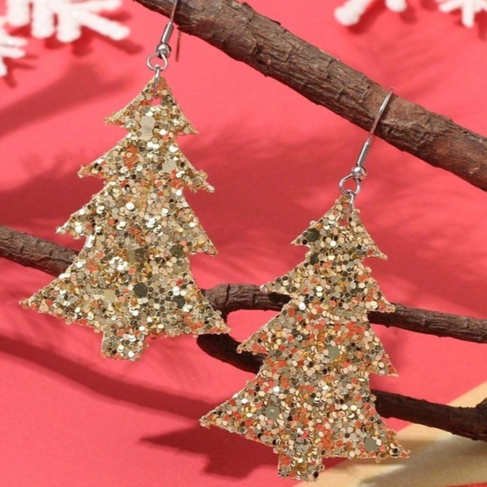 Gold Sparkle Glitter Christmas Tree Drop Earrings